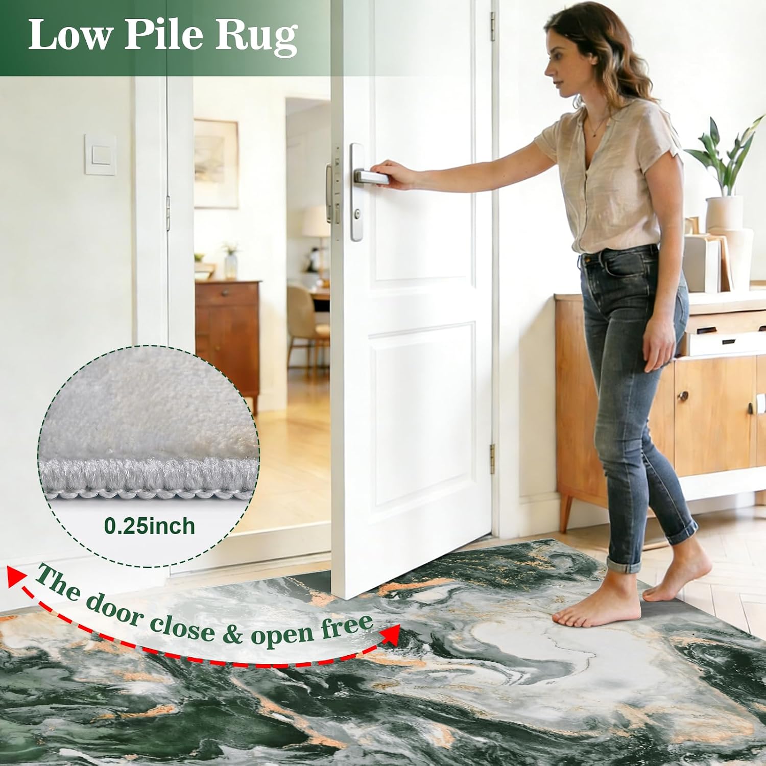 Green Marble Washable Modern Area Rug