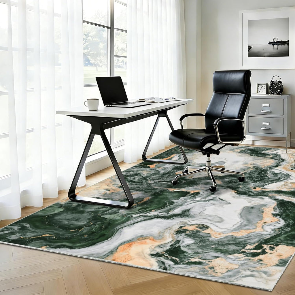 Green Marble Washable Modern Area Rug
