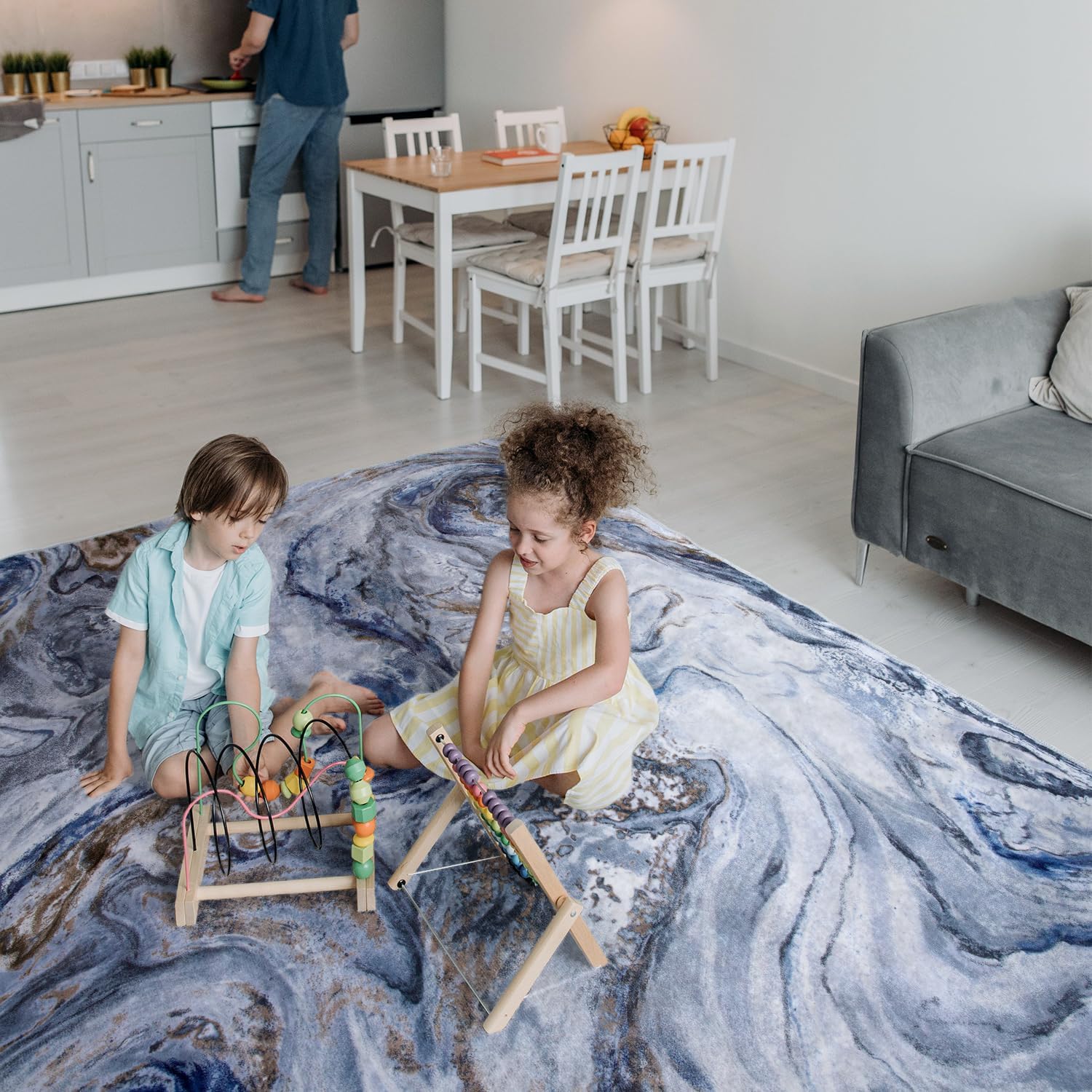 Blue Marble Washable Modern Area Rug