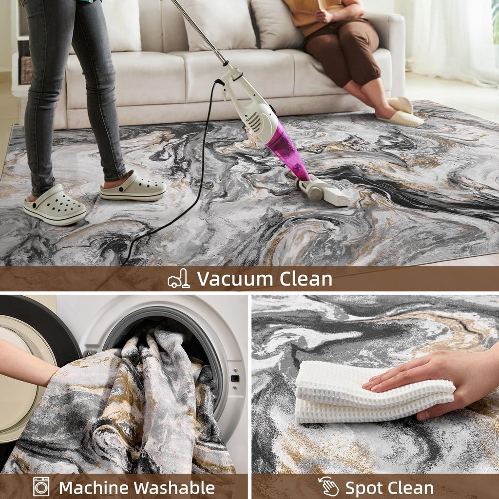 Black Marble Washable Modern Area Rug