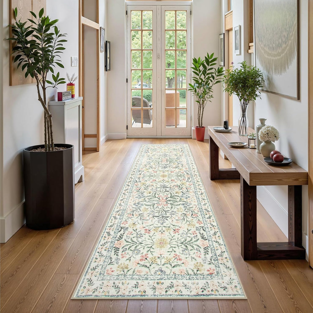 Soft Boho Floral Washable Runner Rug