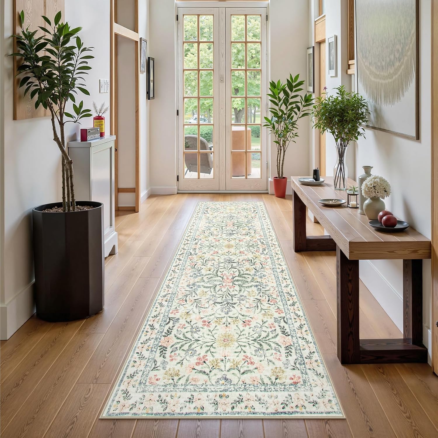 Soft Boho Floral Washable Runner Rug
