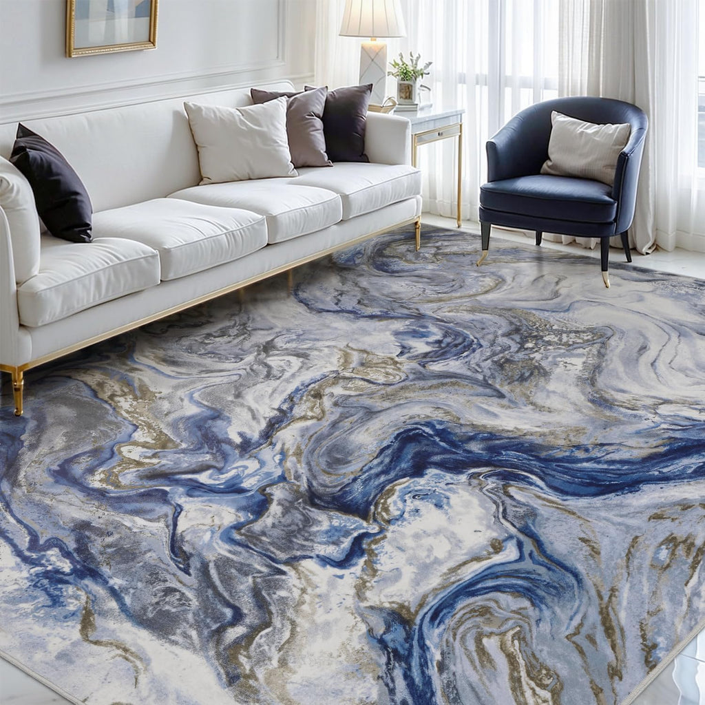 Blue Marble Washable Modern Area Rug