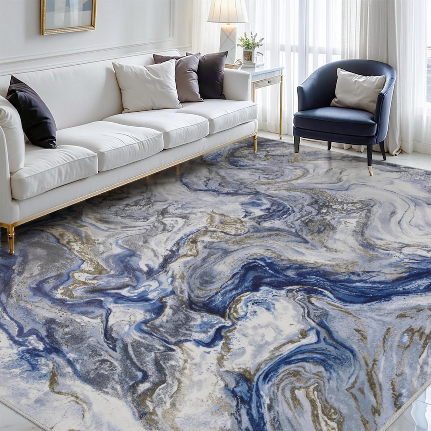Blue Marble Washable Modern Area Rug