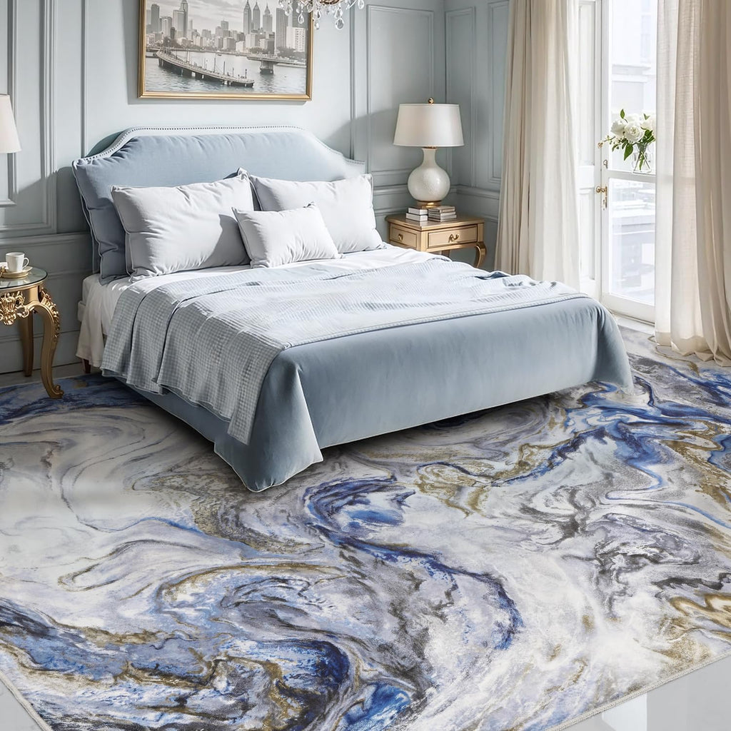 Blue Marble Washable Modern Area Rug