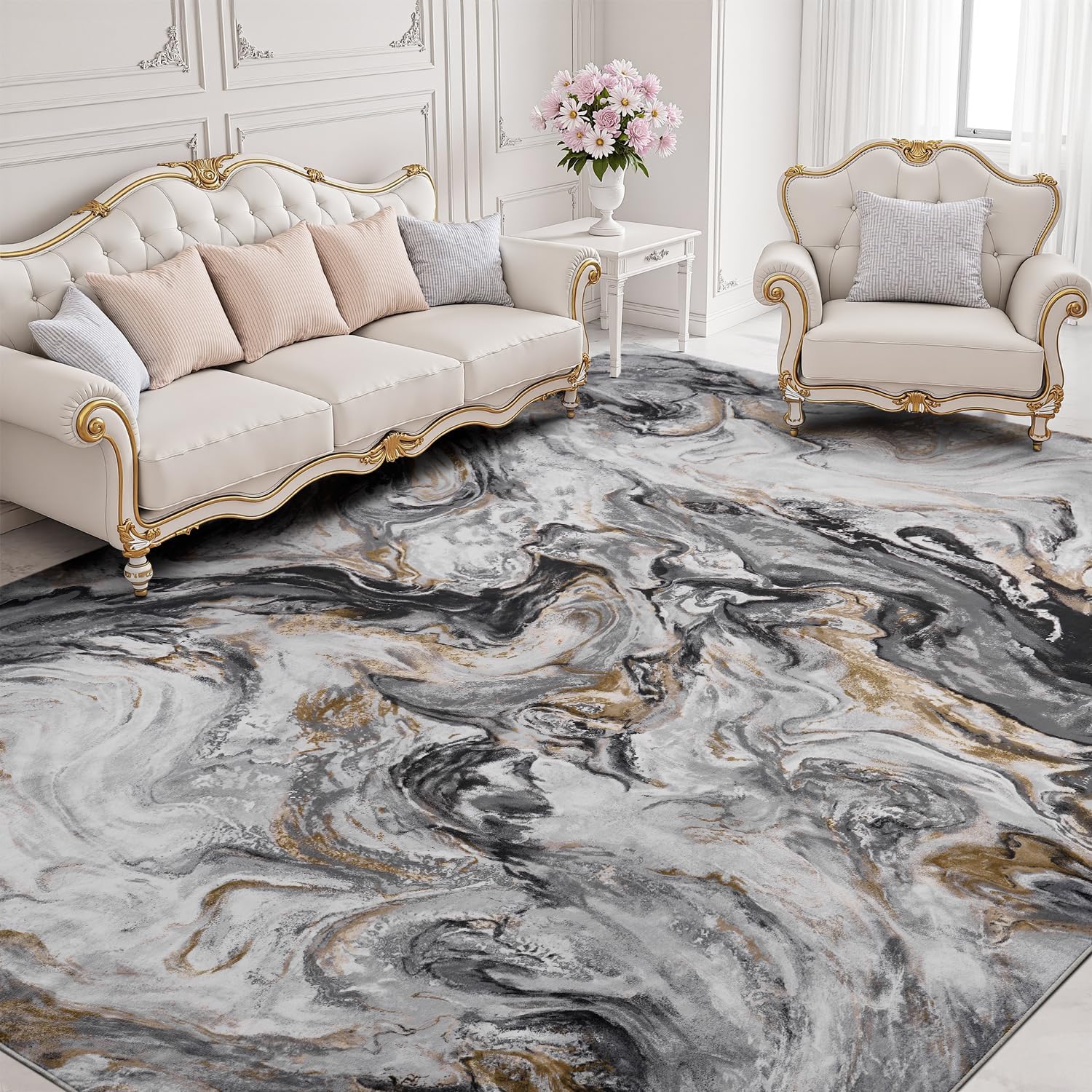 Black Marble Washable Modern Area Rug