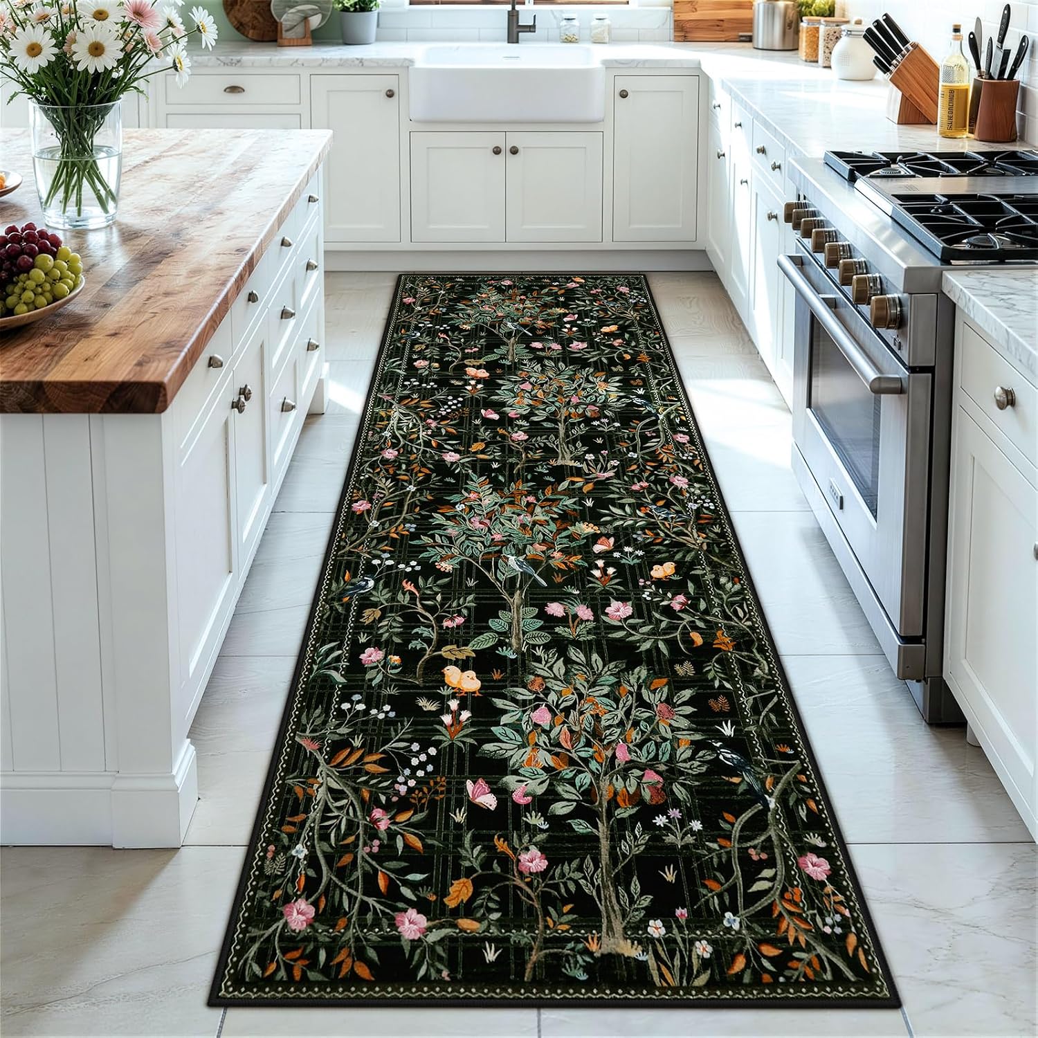 Boho Floral Non Slip Washable Runner Rug