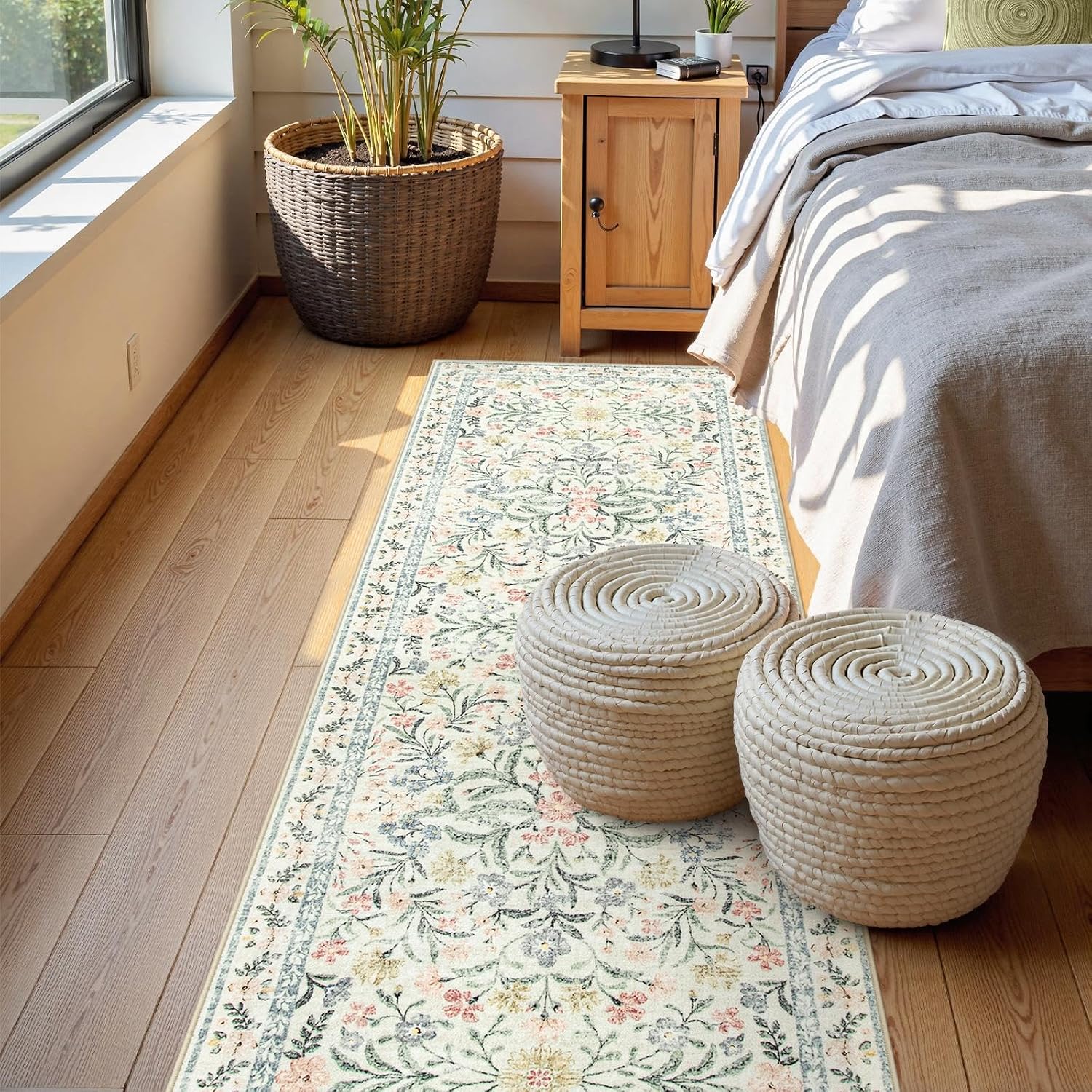 Soft Boho Floral Washable Runner Rug