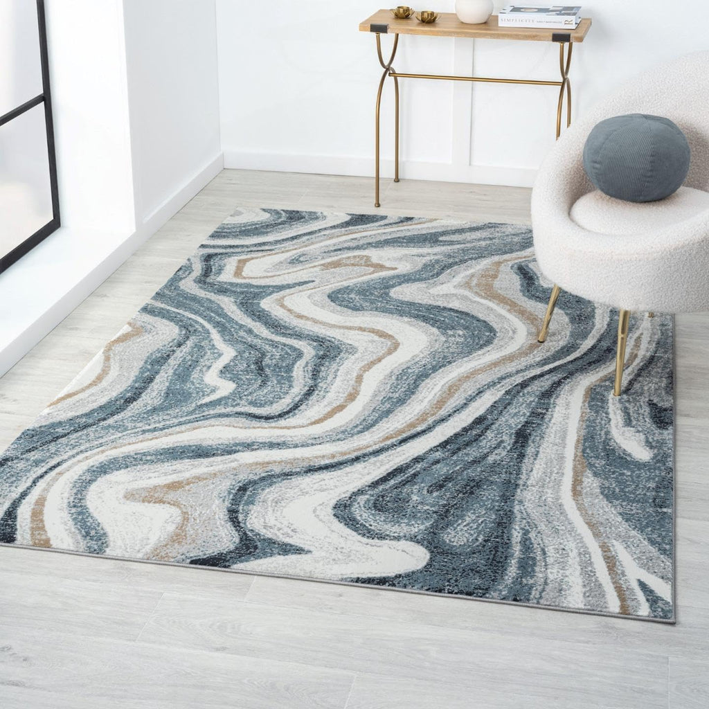 Blue Marble Swirl Abstract Area Rug