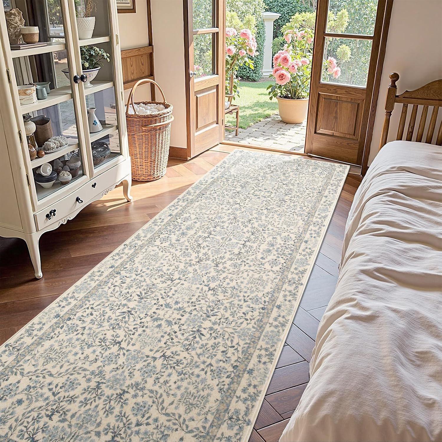Soft Botanical Floral Washable Runner Rug