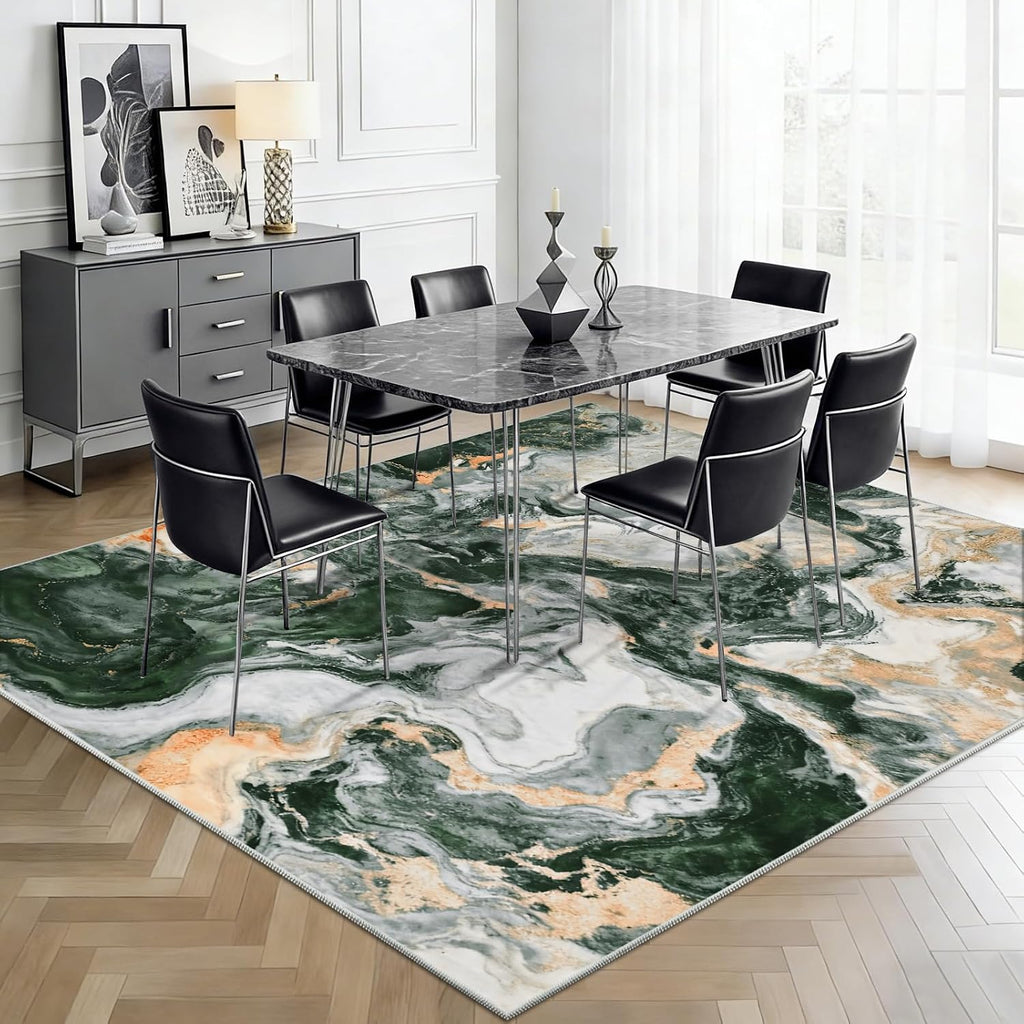 Green Marble Washable Modern Area Rug