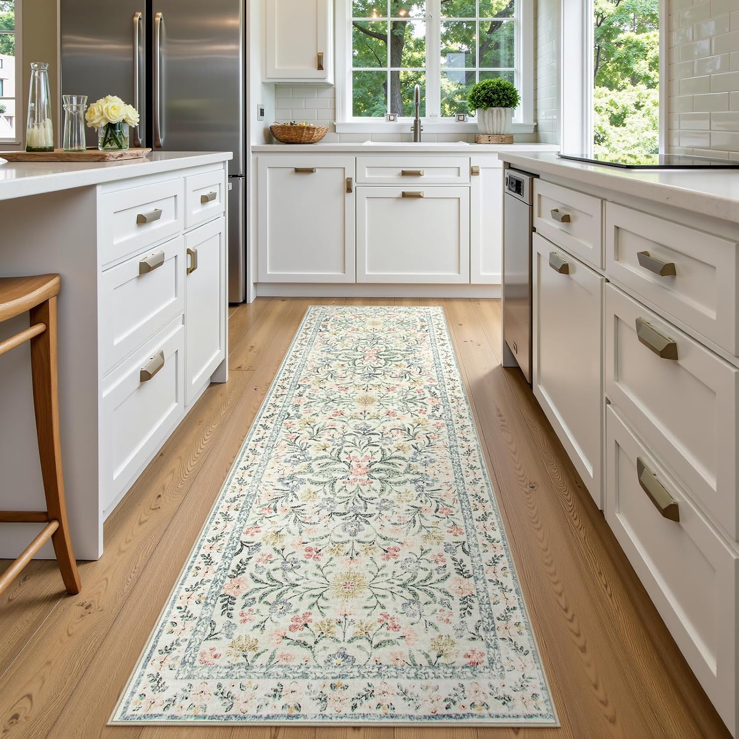 Soft Boho Floral Washable Runner Rug
