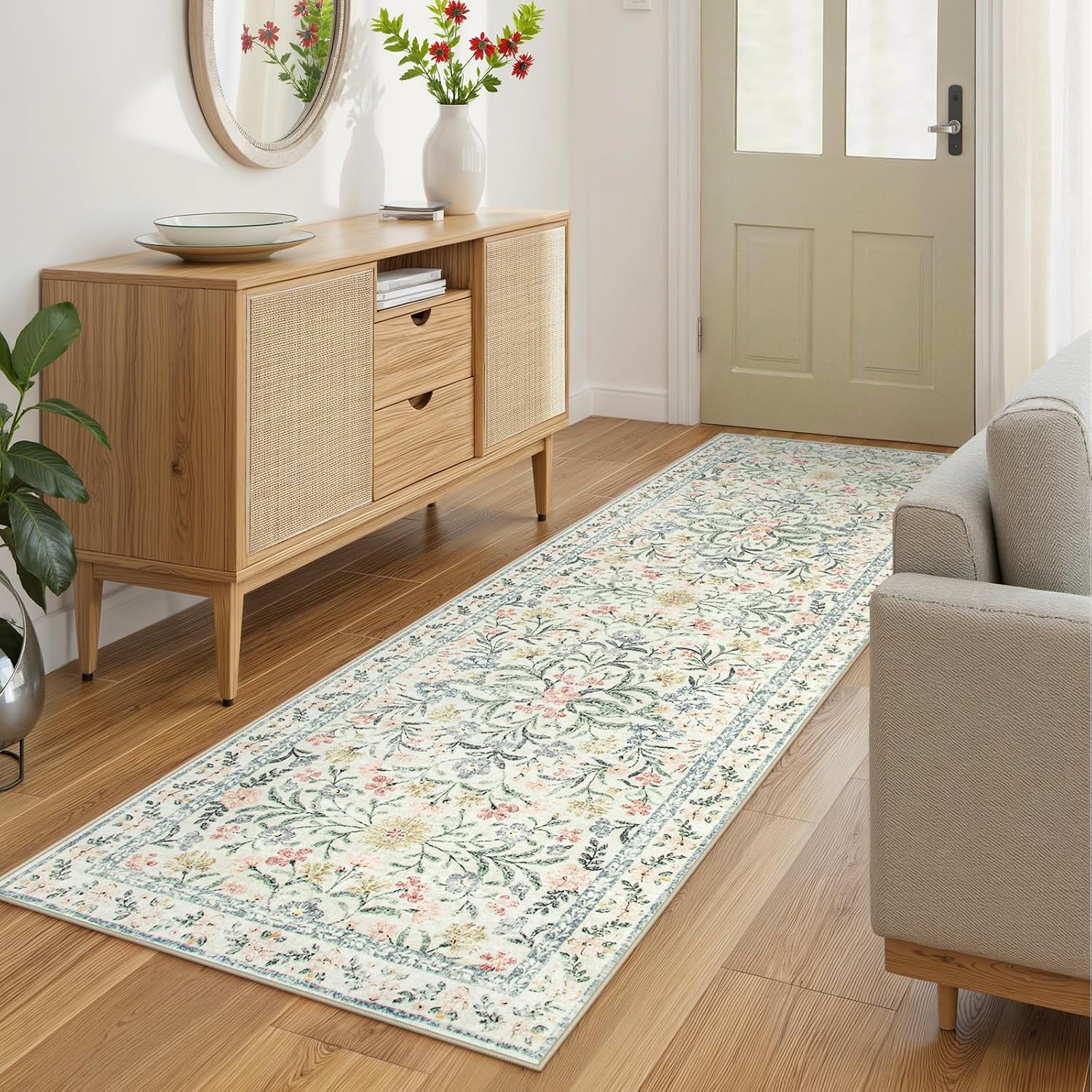Soft Boho Floral Washable Runner Rug