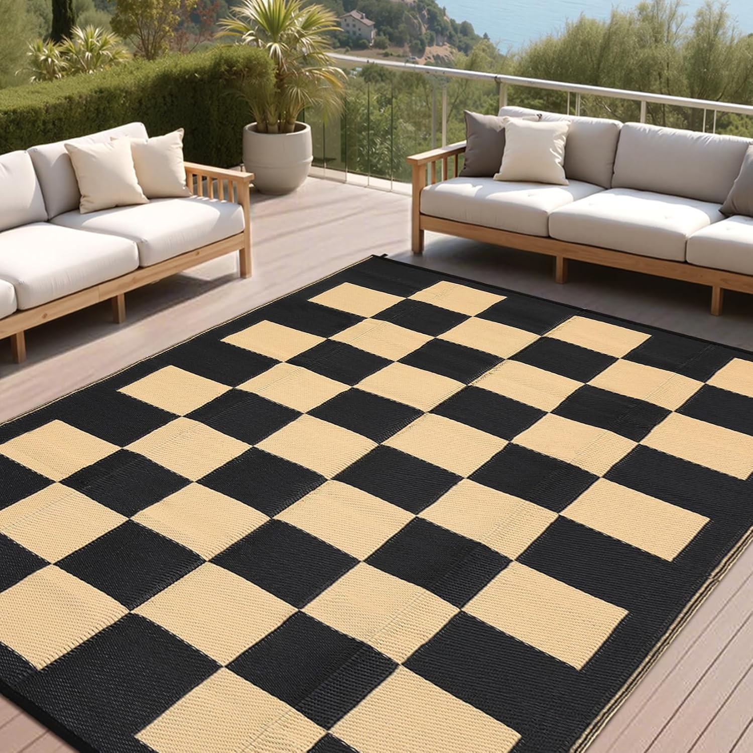 UV Resistant Plaid Waterproof Outdoor Rug