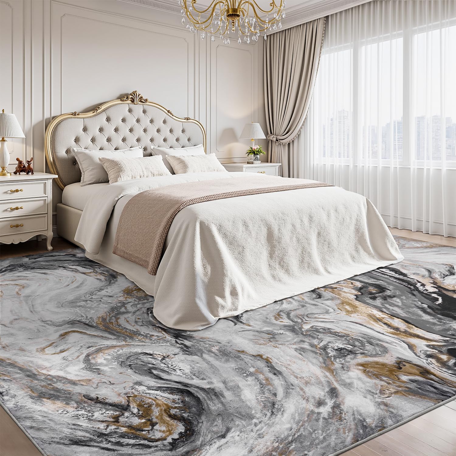 Black Marble Washable Modern Area Rug