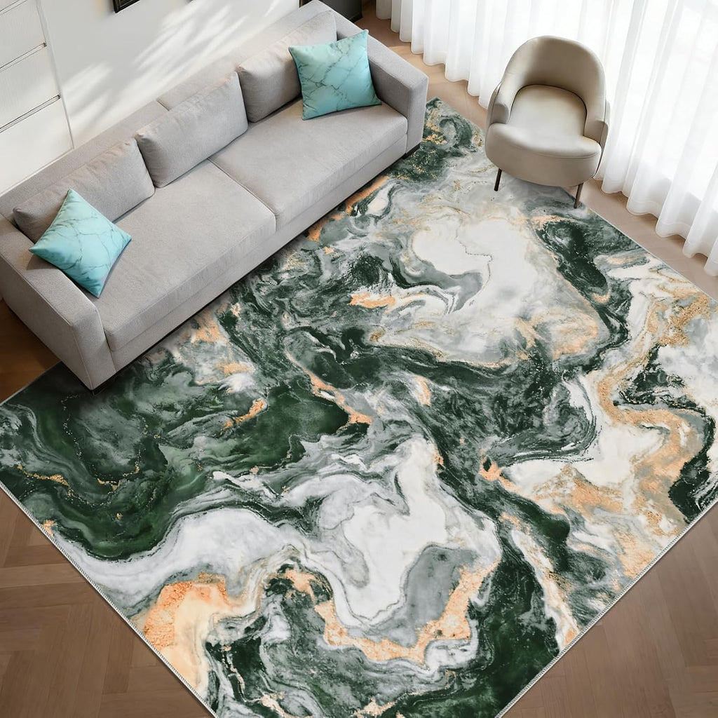 Green Marble Washable Modern Area Rug