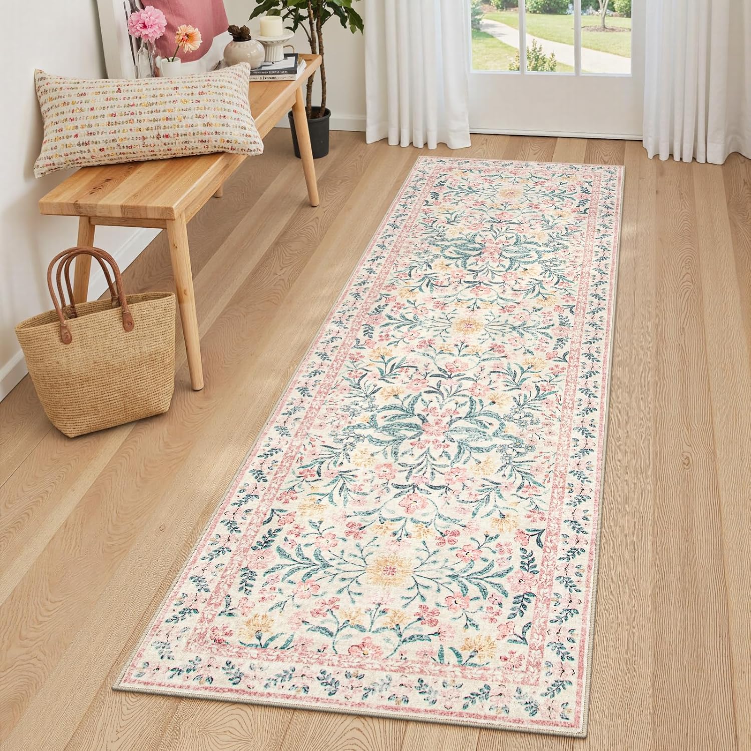 Floral Non Slip Washable Runner Rug