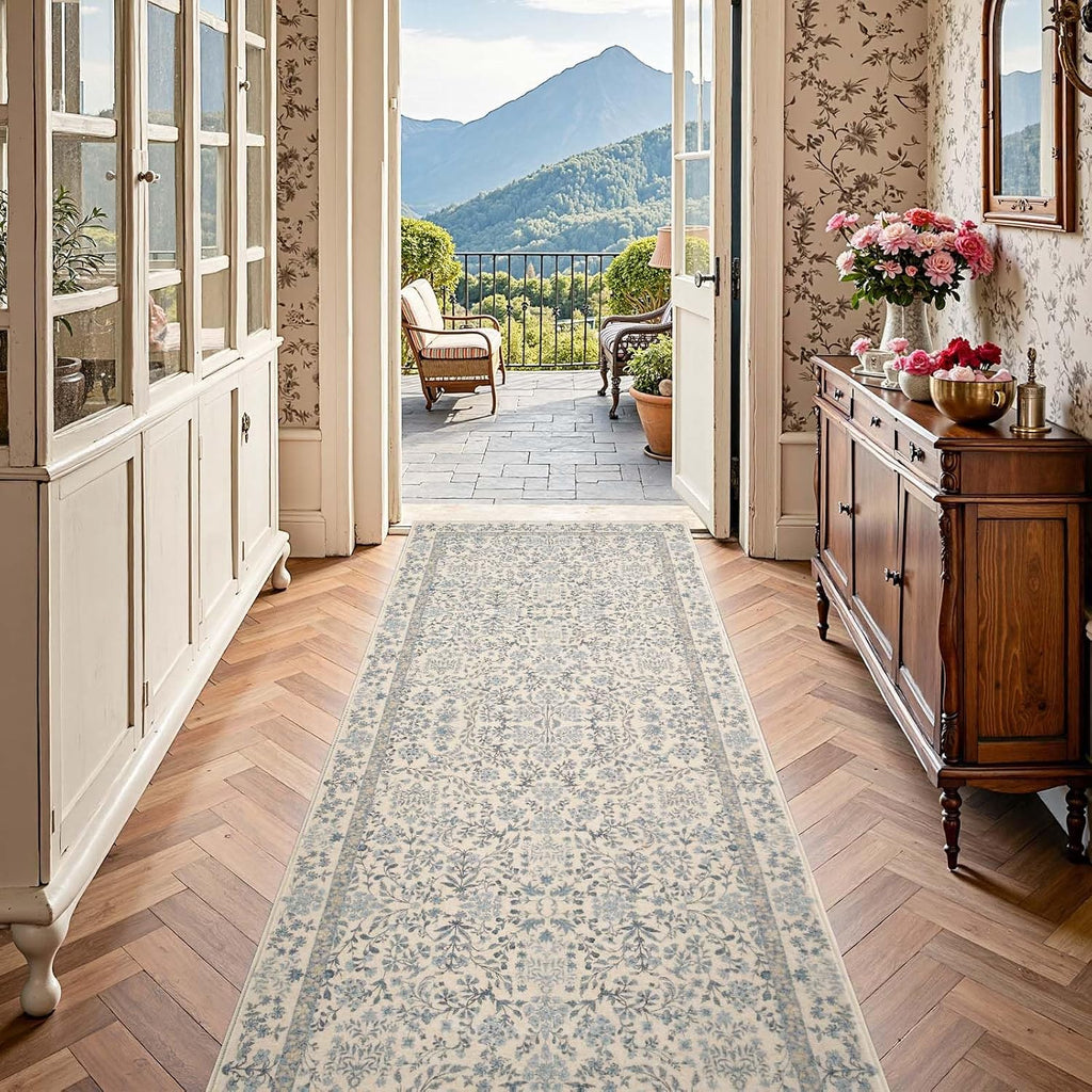 Soft Botanical Floral Washable Runner Rug