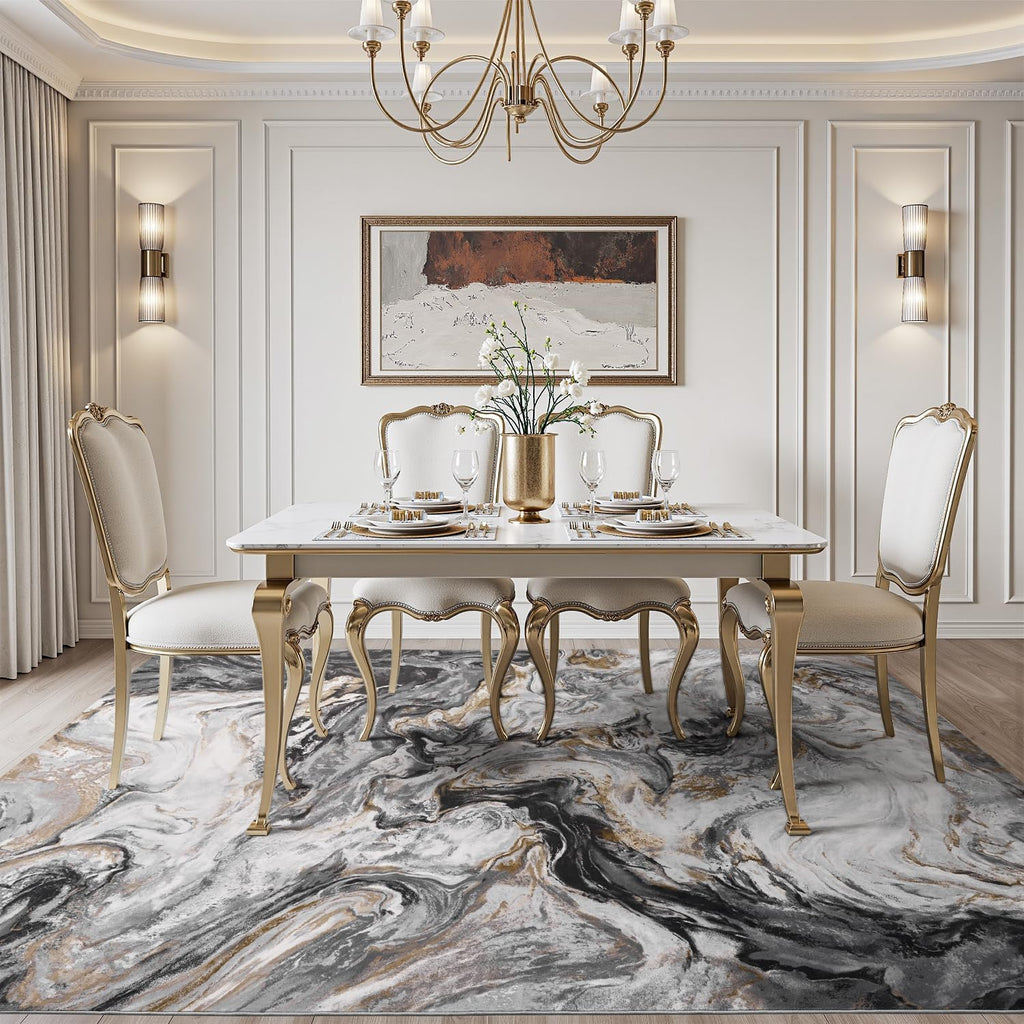 Black Marble Washable Modern Area Rug