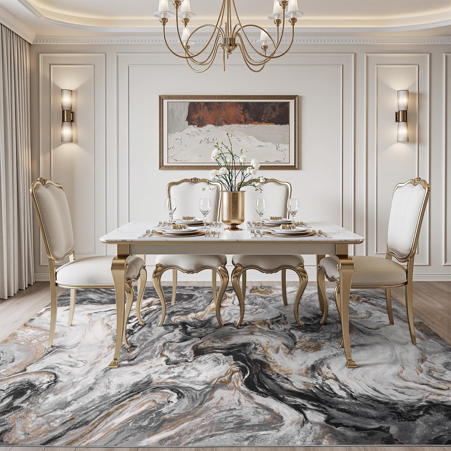 Black Marble Washable Modern Area Rug