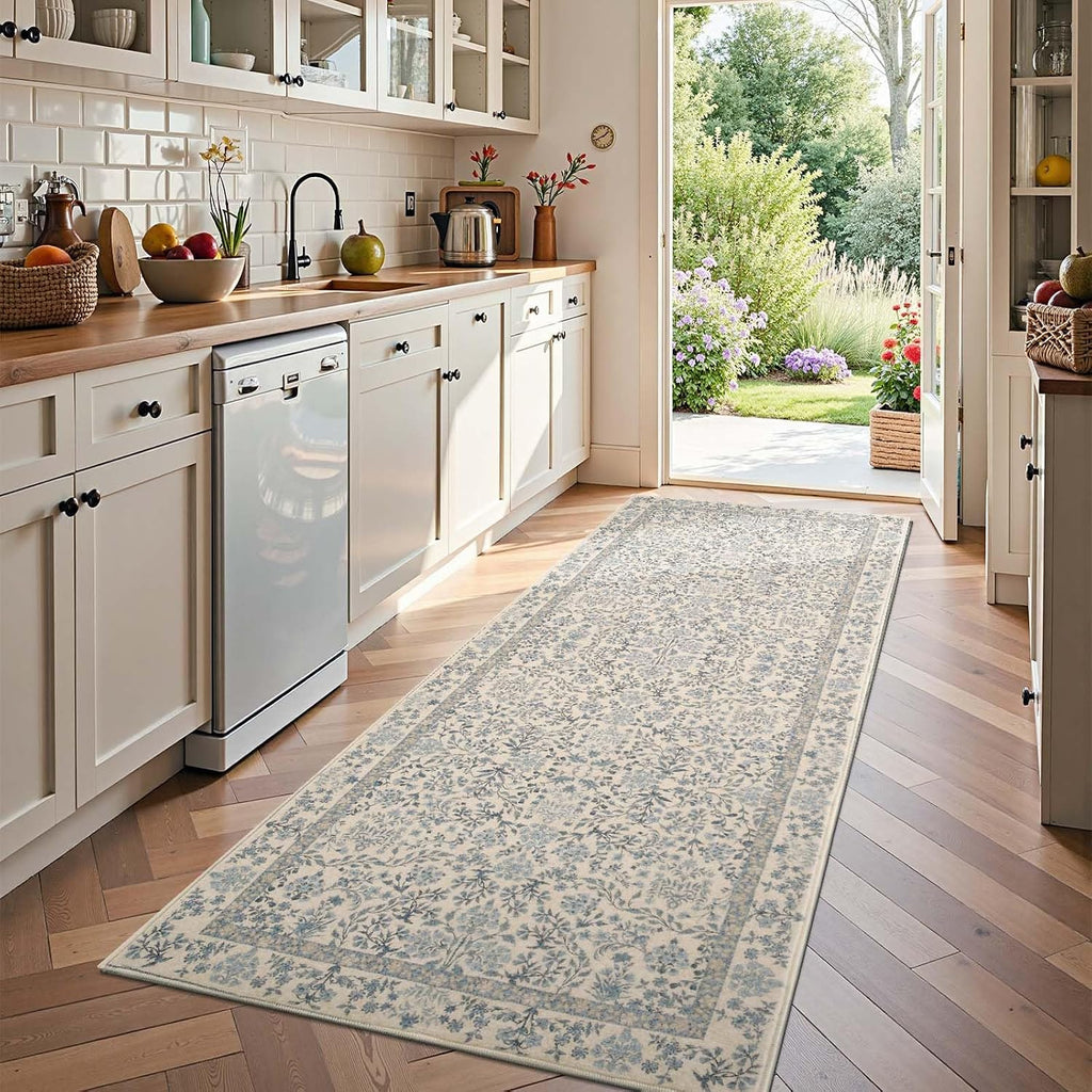 Soft Botanical Floral Washable Runner Rug