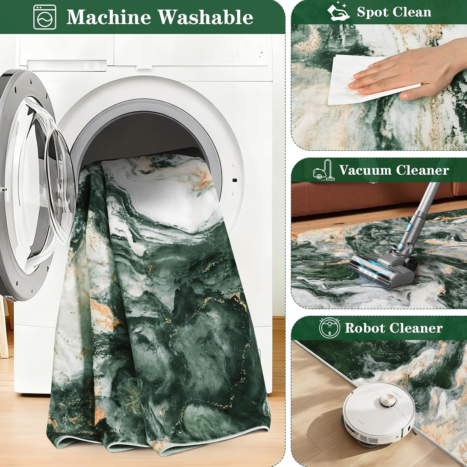 Green Marble Washable Modern Area Rug