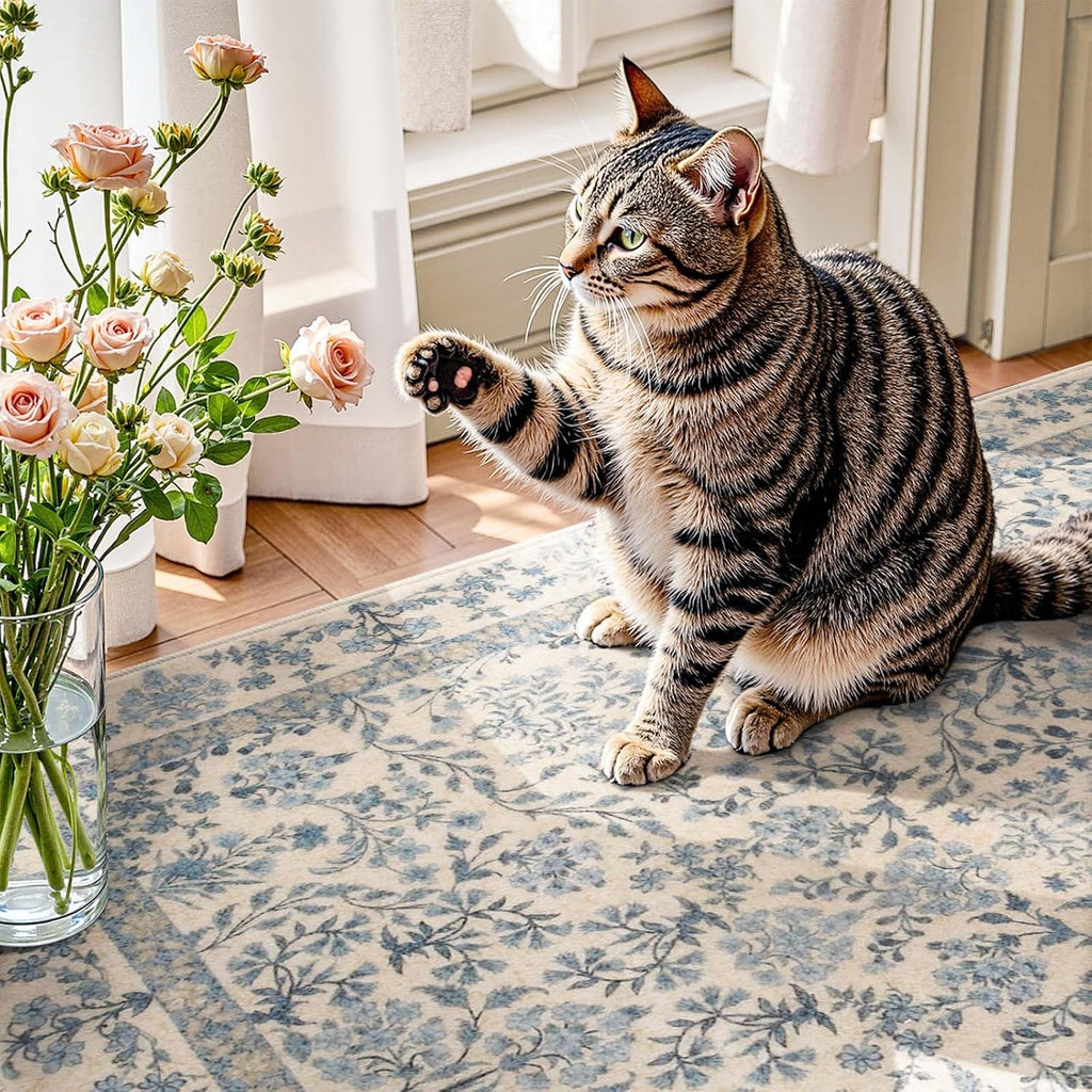 Soft Botanical Floral Washable Runner Rug
