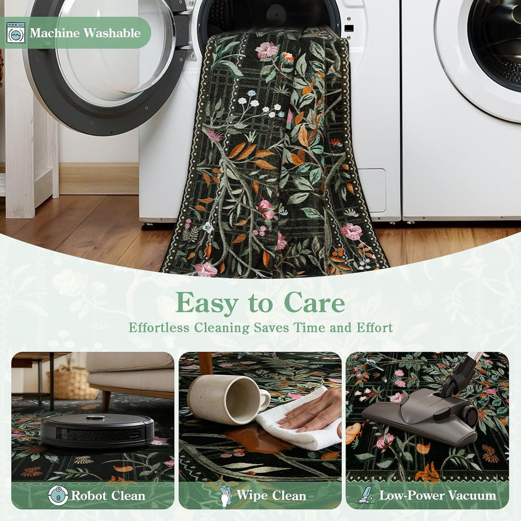 Boho Floral Non Slip Washable Runner Rug